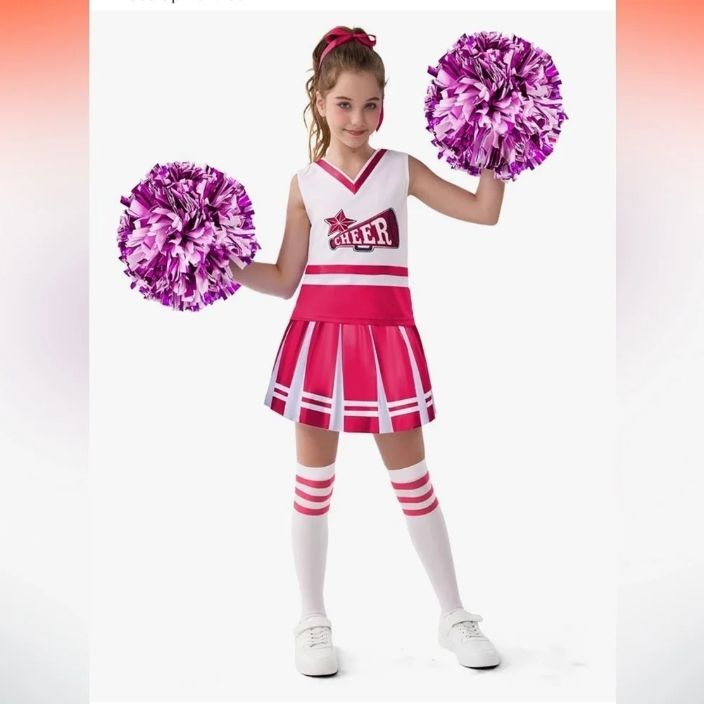 NWT Pink Cheerleader Uniform with Pom Poms, Socks, a ribbon costume size 8-10